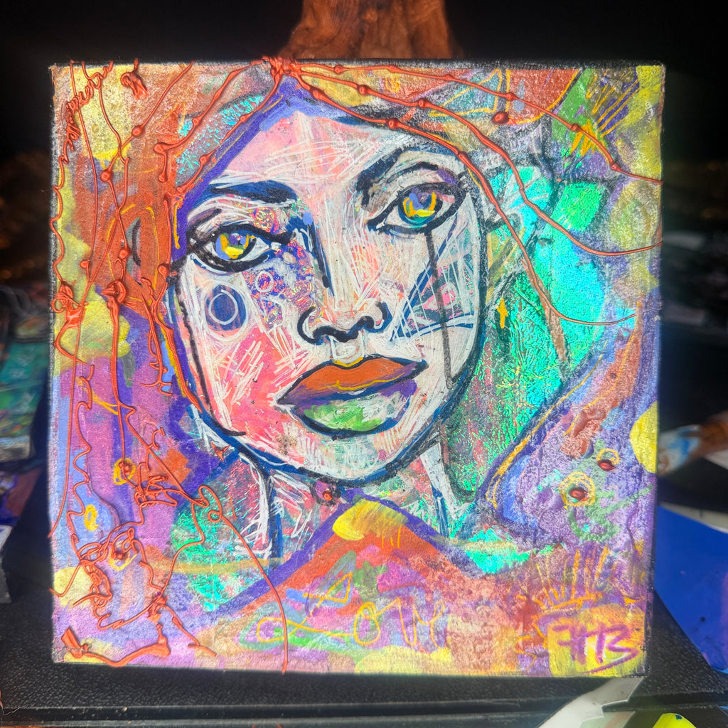 Watching Over You Original Painting 6x6 Mixed Media Portrait on Thick Canvas