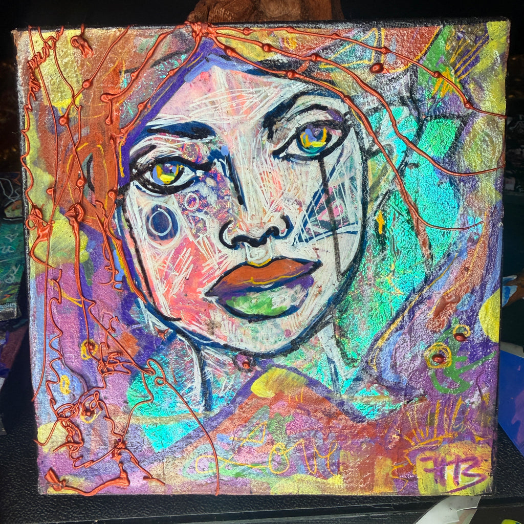 Watching Over You Original Painting 6x6 Mixed Media Portrait on Thick Canvas