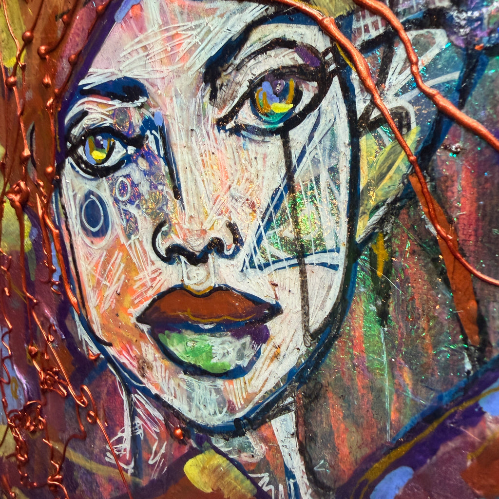 Watching Over You Original Painting 6x6 Mixed Media Portrait on Thick Canvas