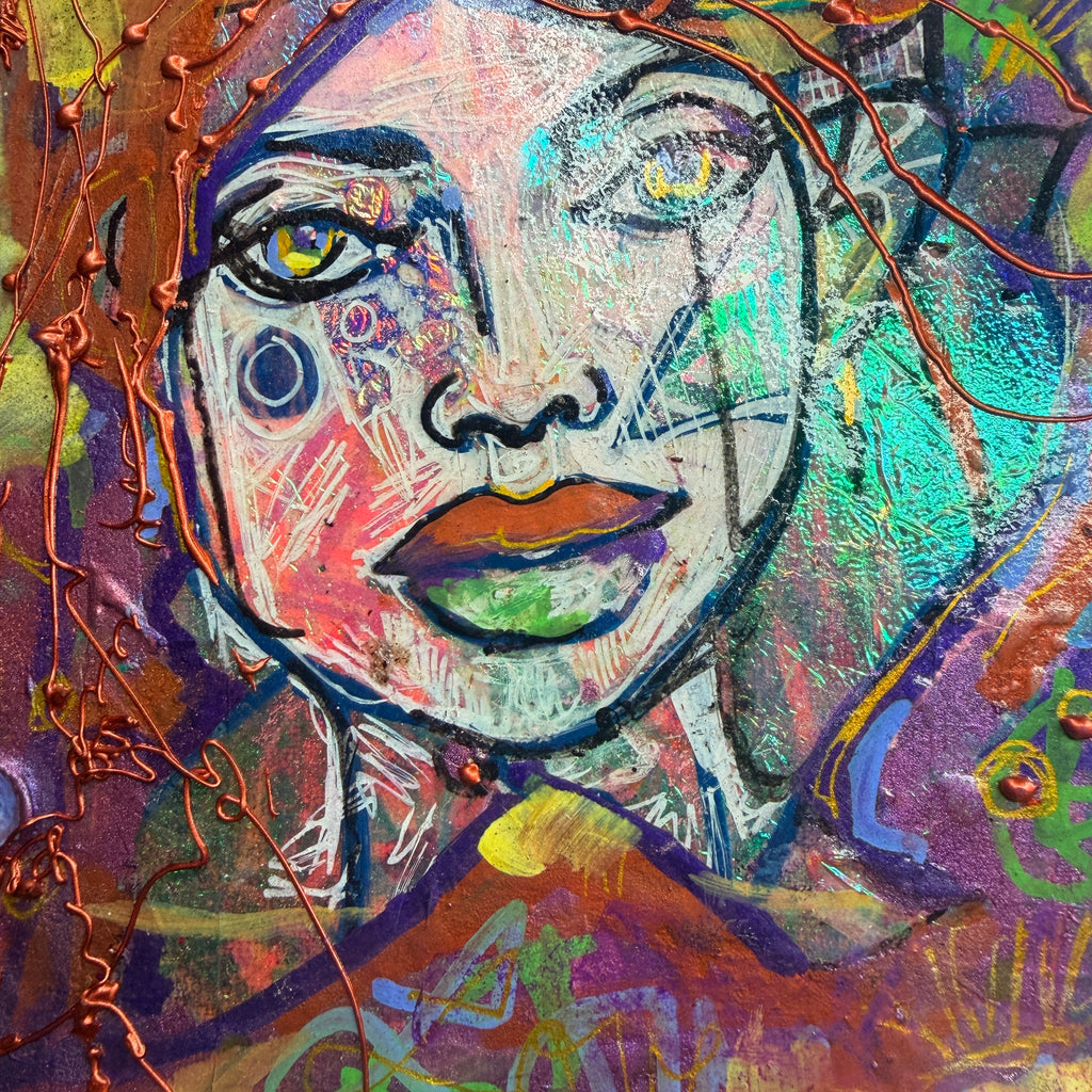 Watching Over You Original Painting 6x6 Mixed Media Portrait on Thick Canvas