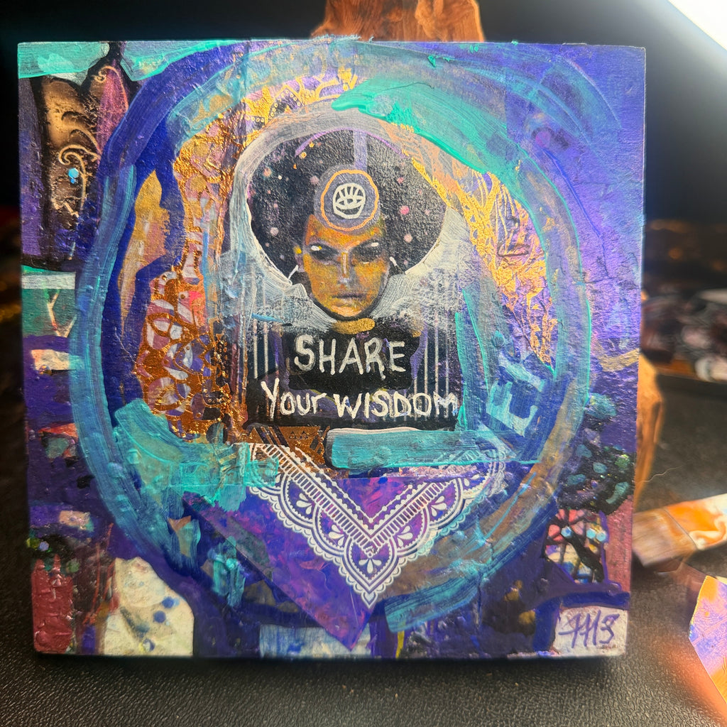 Share Your Wisdom Original Painting 6x6 Mixed Media Spiritual Portrait on Wood