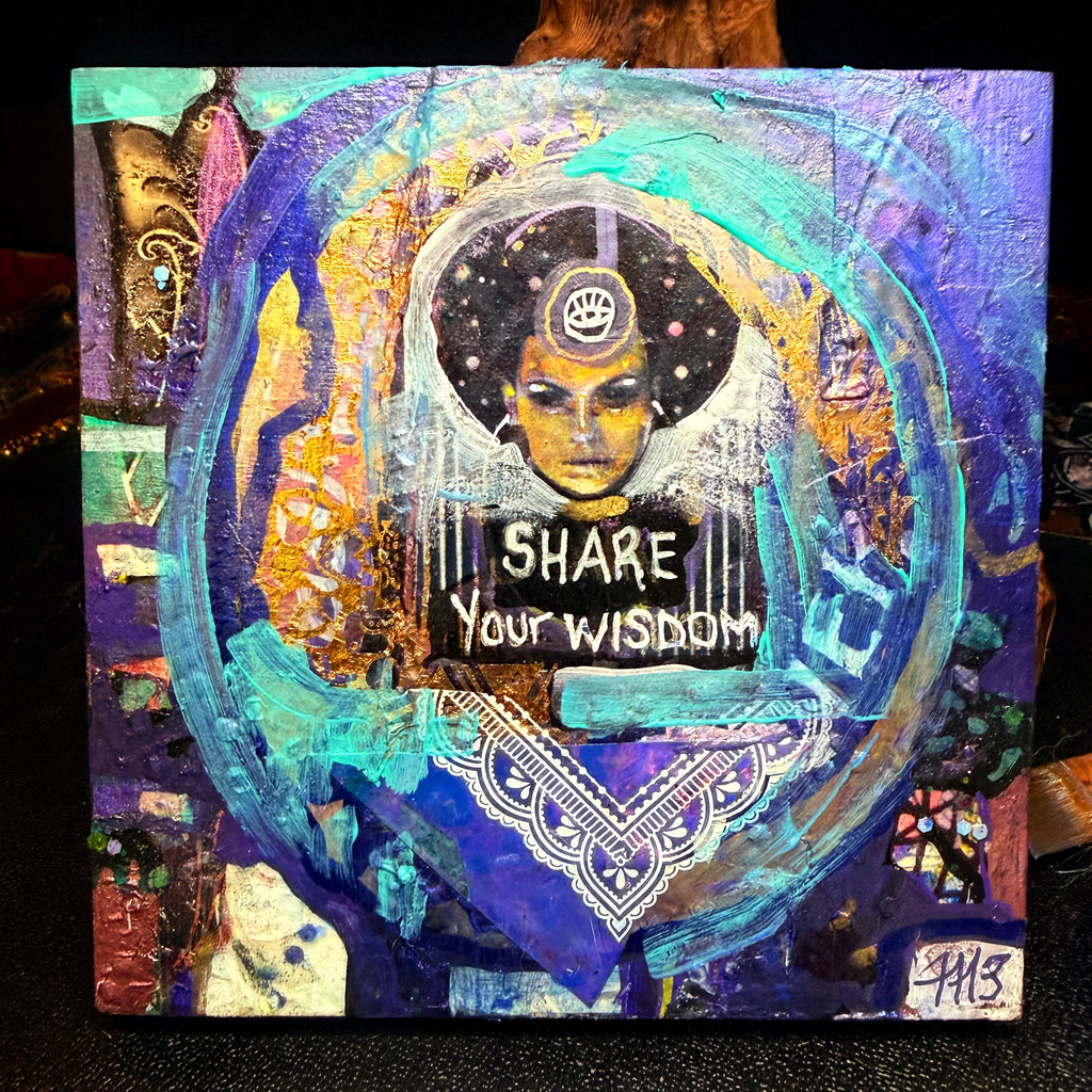 Share Your Wisdom Original Painting 6x6 Mixed Media Spiritual Portrait on Wood