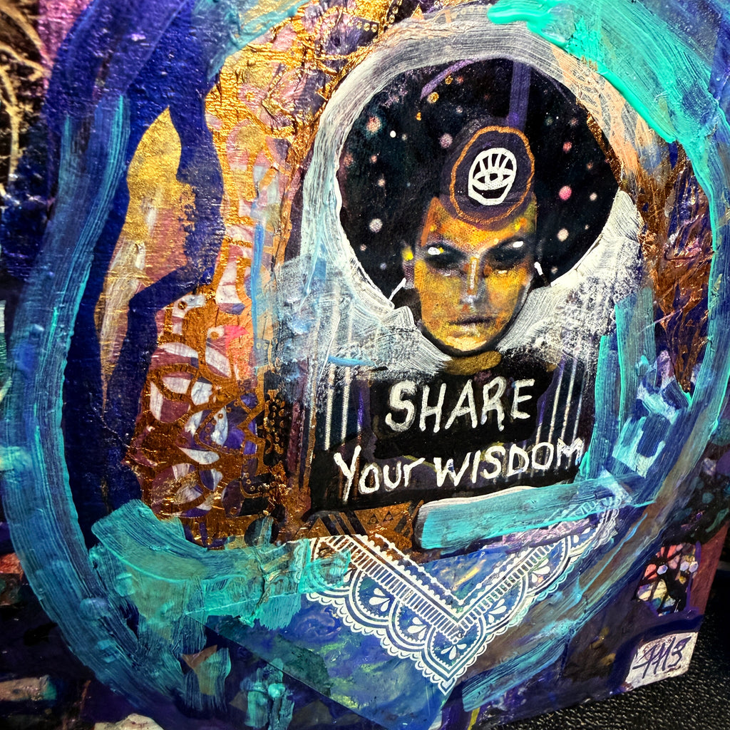 Share Your Wisdom Original Painting 6x6 Mixed Media Spiritual Portrait on Wood