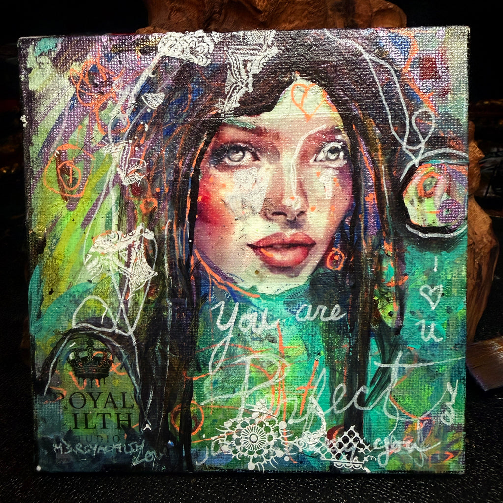 You Are Perfect Original Painting 5x5 Mixed Media Portrait Inspirational Art