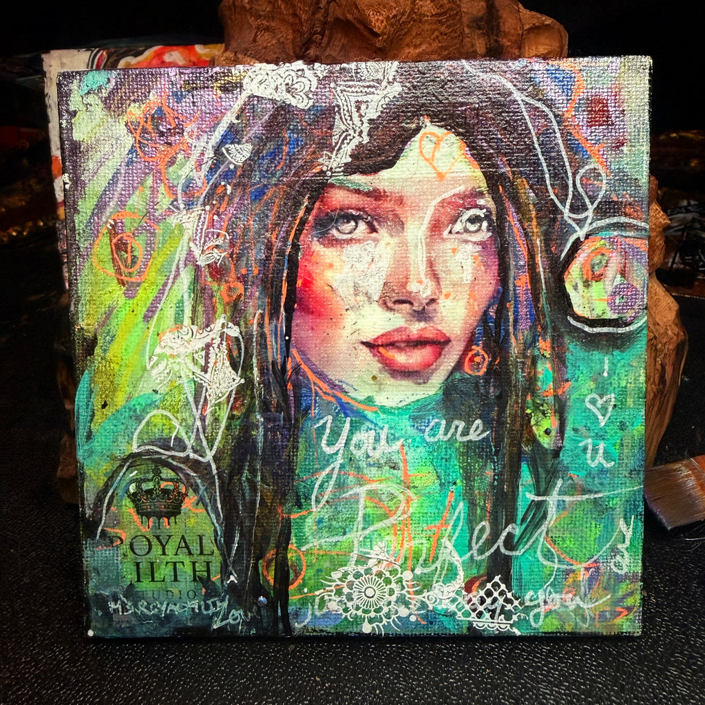 You Are Perfect Original Painting 5x5 Mixed Media Portrait Inspirational Art