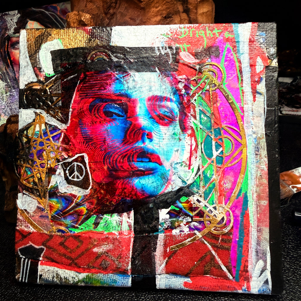 Emerging from the Light Original Painting 5x5 Mixed Media Neon Portrait Art