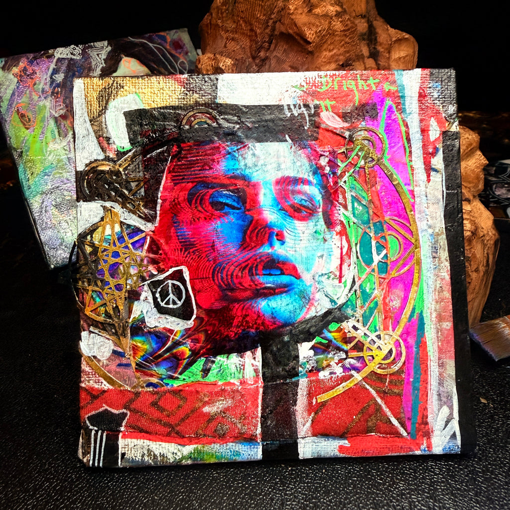 Emerging from the Light Original Painting 5x5 Mixed Media Neon Portrait Art