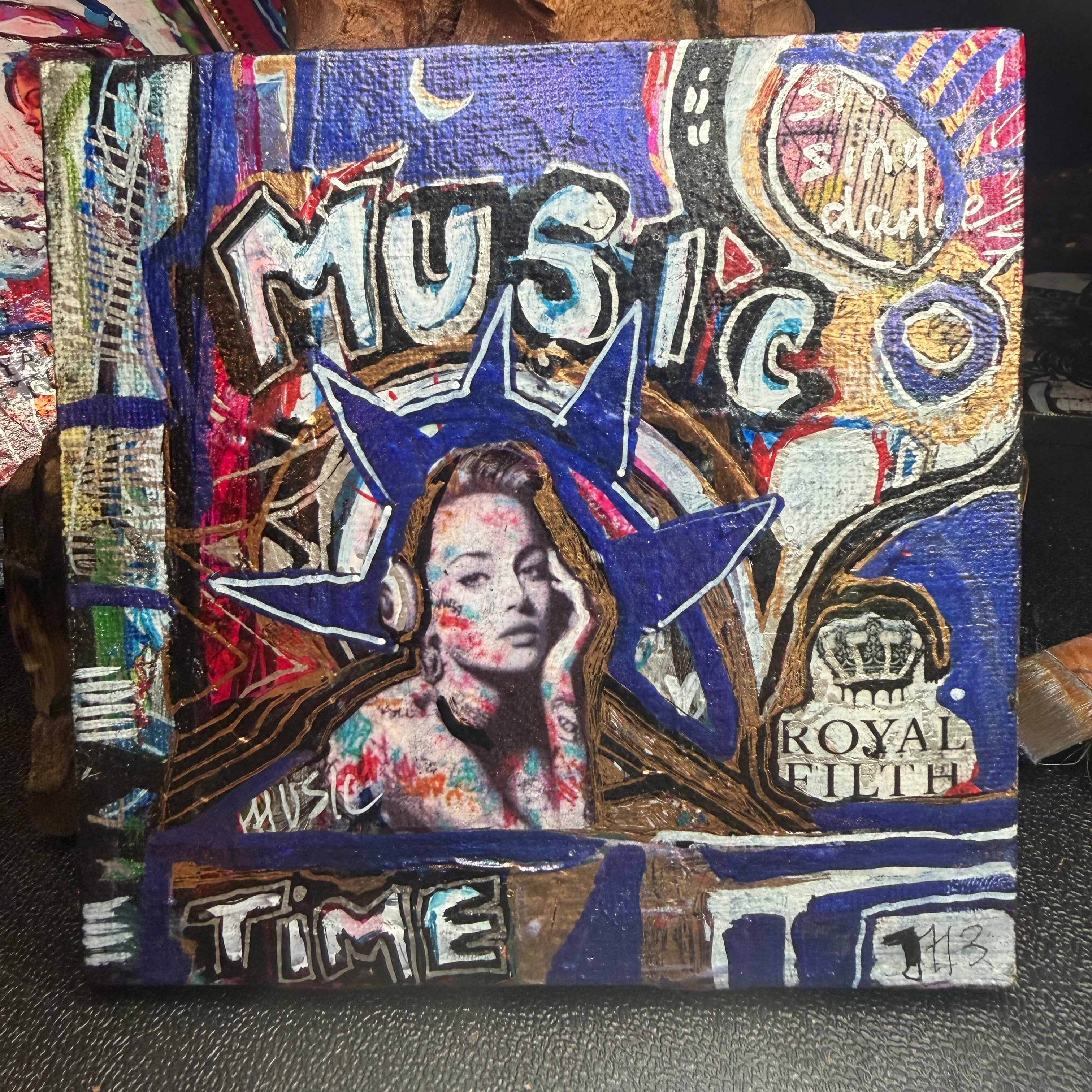 Music Time Original Painting 5x5 Mixed Media Hand Embellished Print
