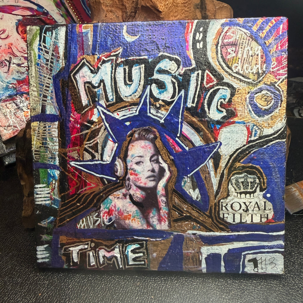 Music Time Original Painting 5x5 Mixed Media Hand Embellished Print