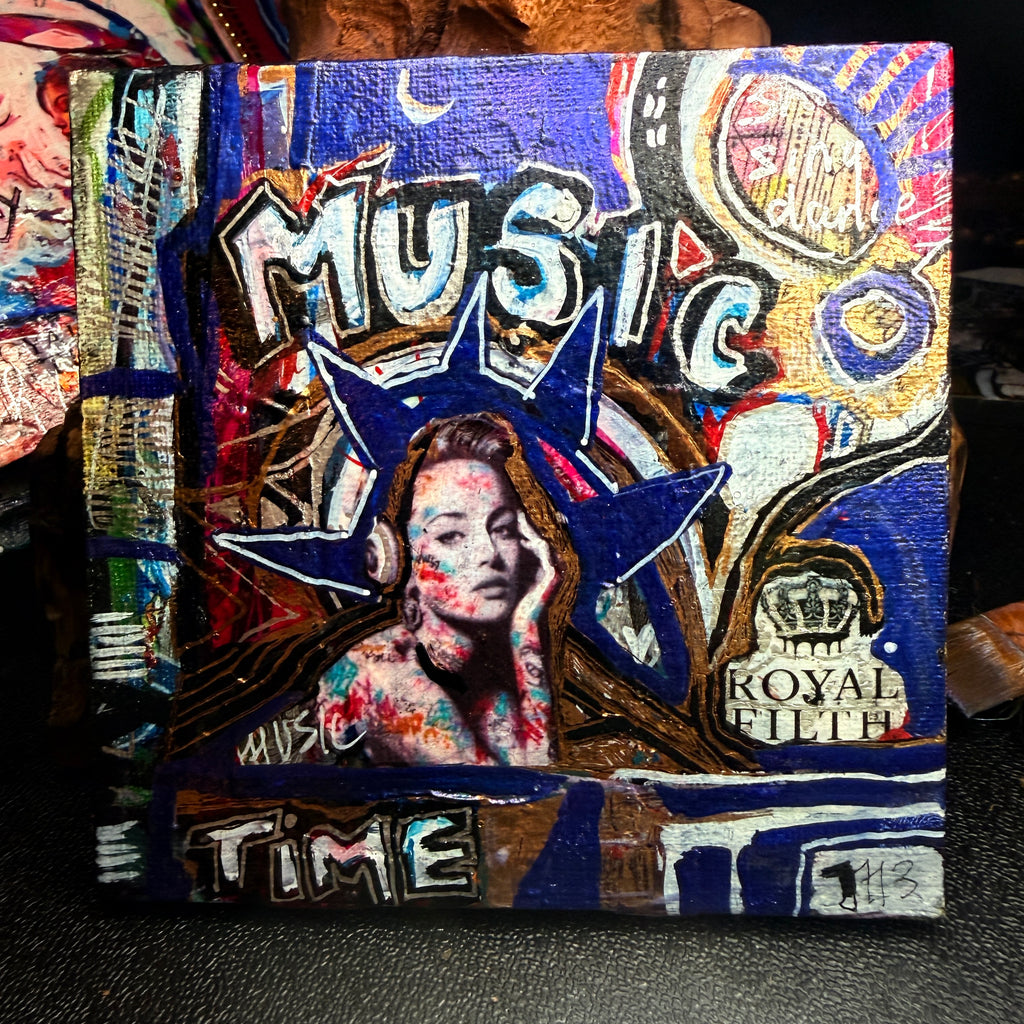 Music Time Original Painting 5x5 Mixed Media Hand Embellished Print