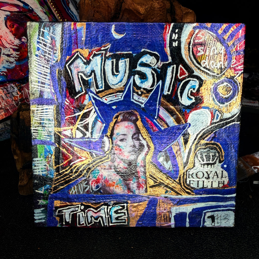 Music Time Original Painting 5x5 Mixed Media Hand Embellished Print