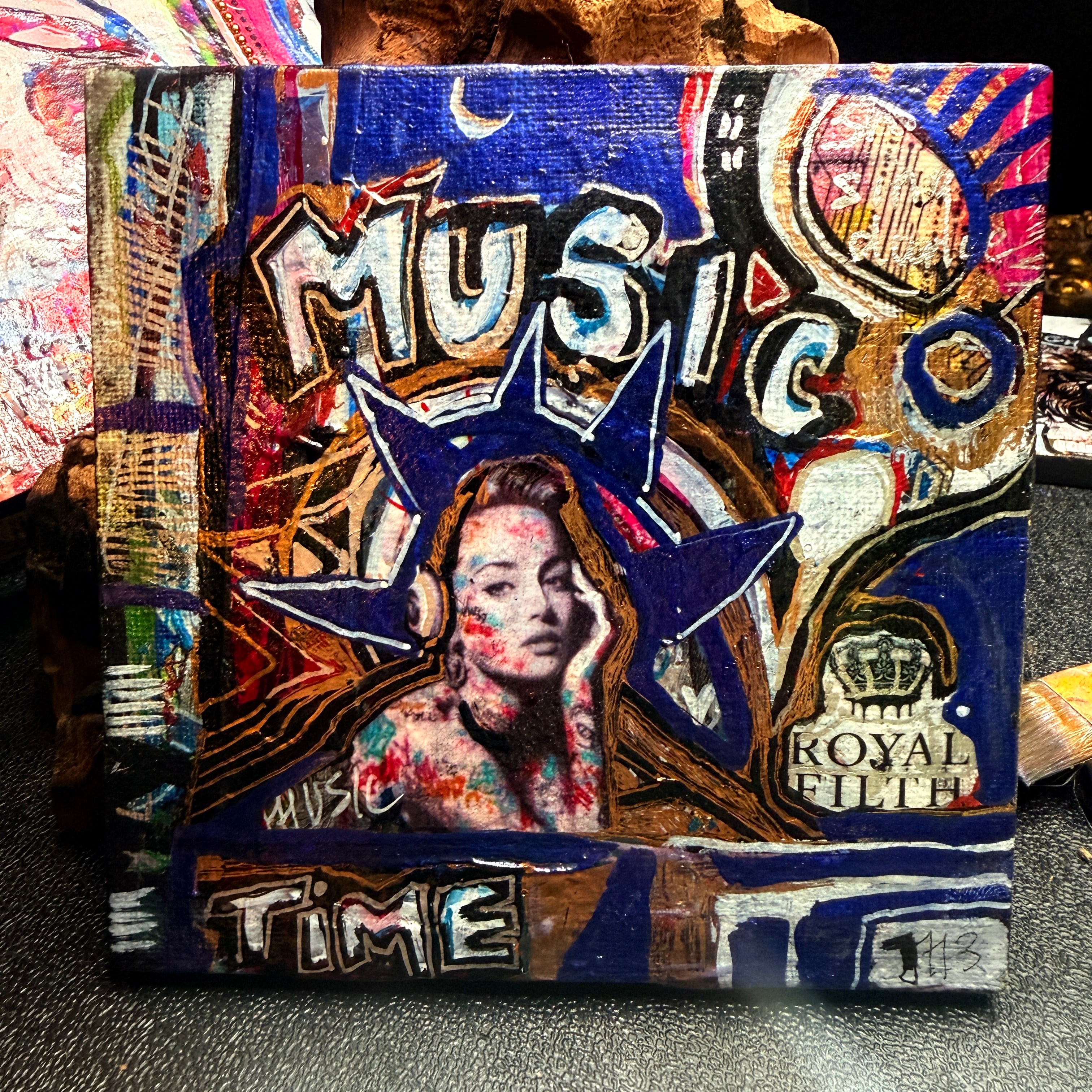 Music Time Original Painting 5x5 Mixed Media Hand Embellished Print