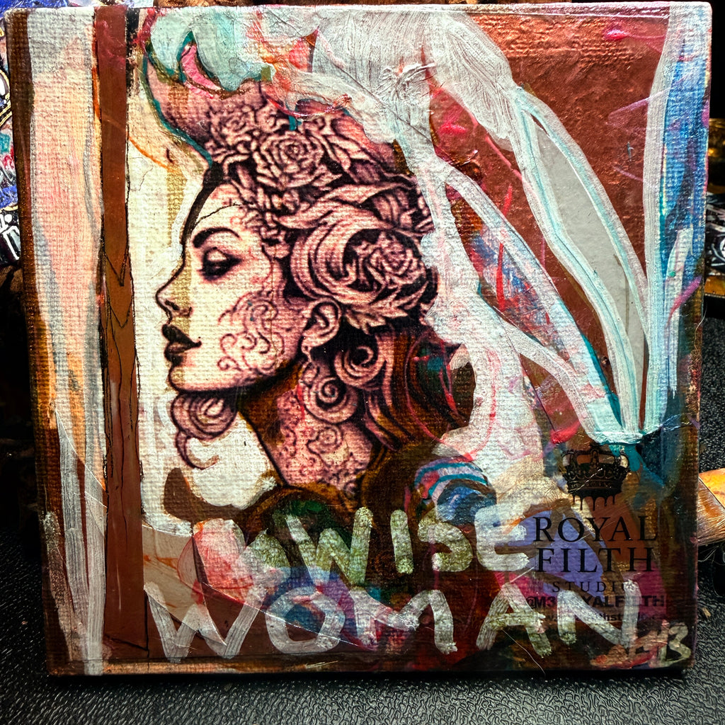 Wise Woman Original Painting 5x5 Mixed Media Hand Embellished Print