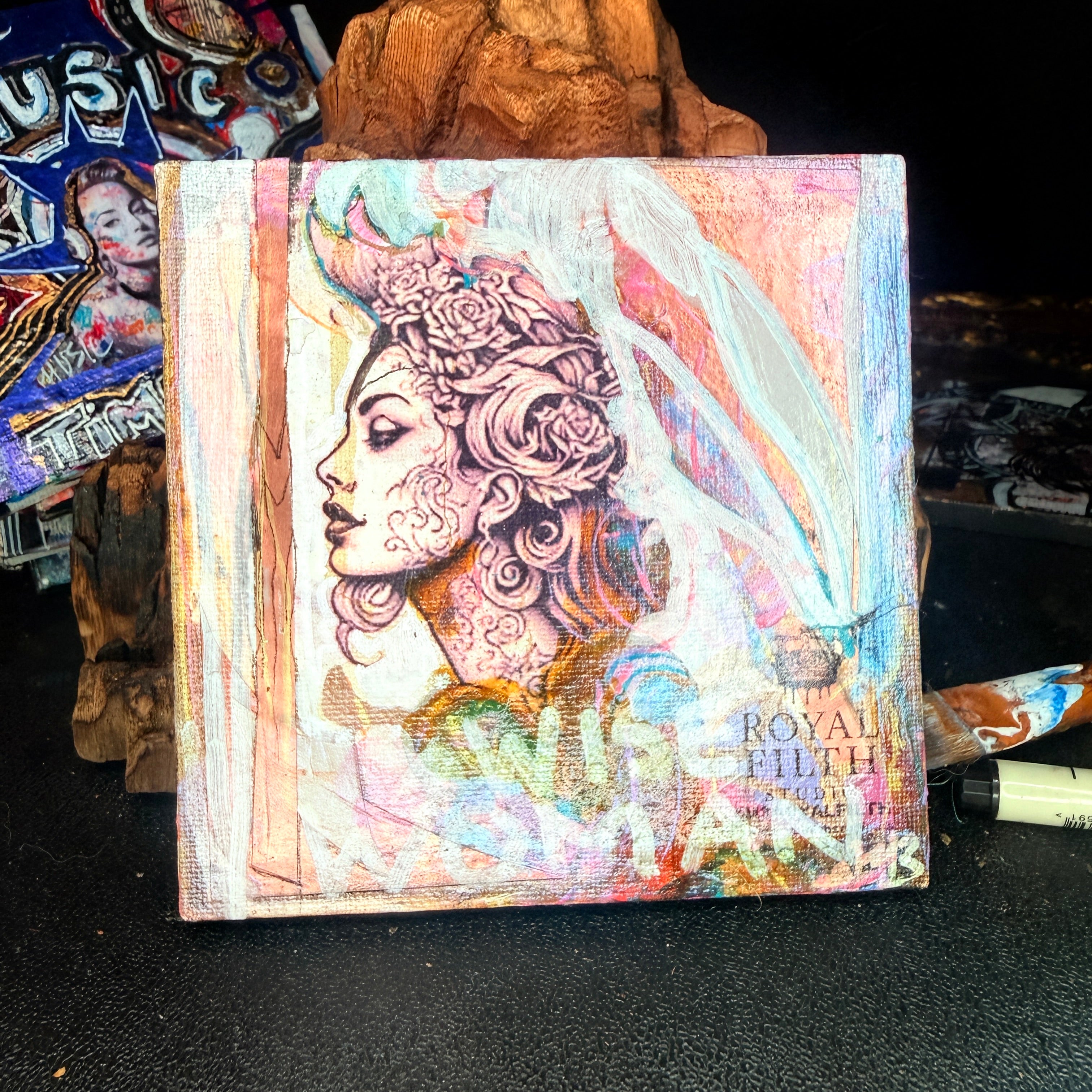 Wise Woman Original Painting 5x5 Mixed Media Hand Embellished Print