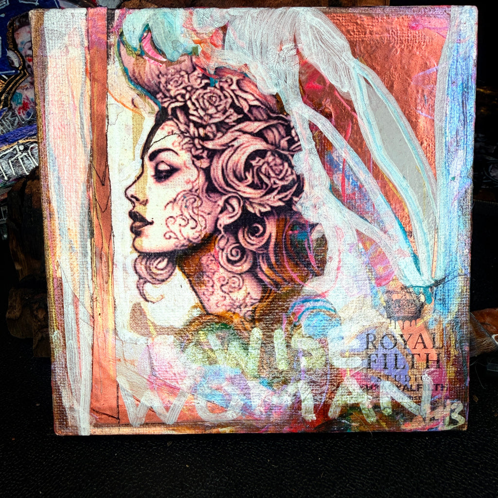 Wise Woman Original Painting 5x5 Mixed Media Hand Embellished Print