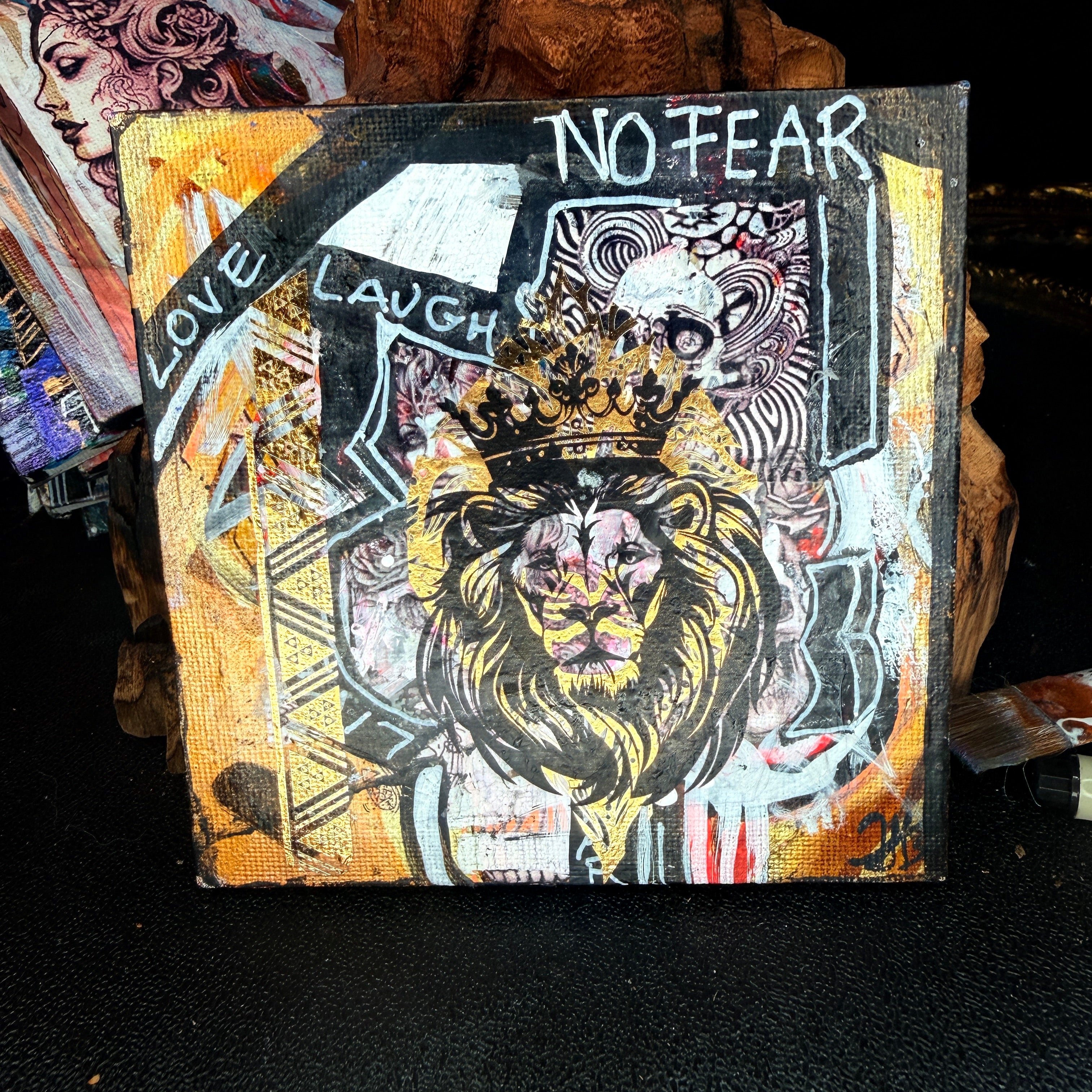 No Fear Original Painting 5x5 Mixed Media Hand Embellished Print