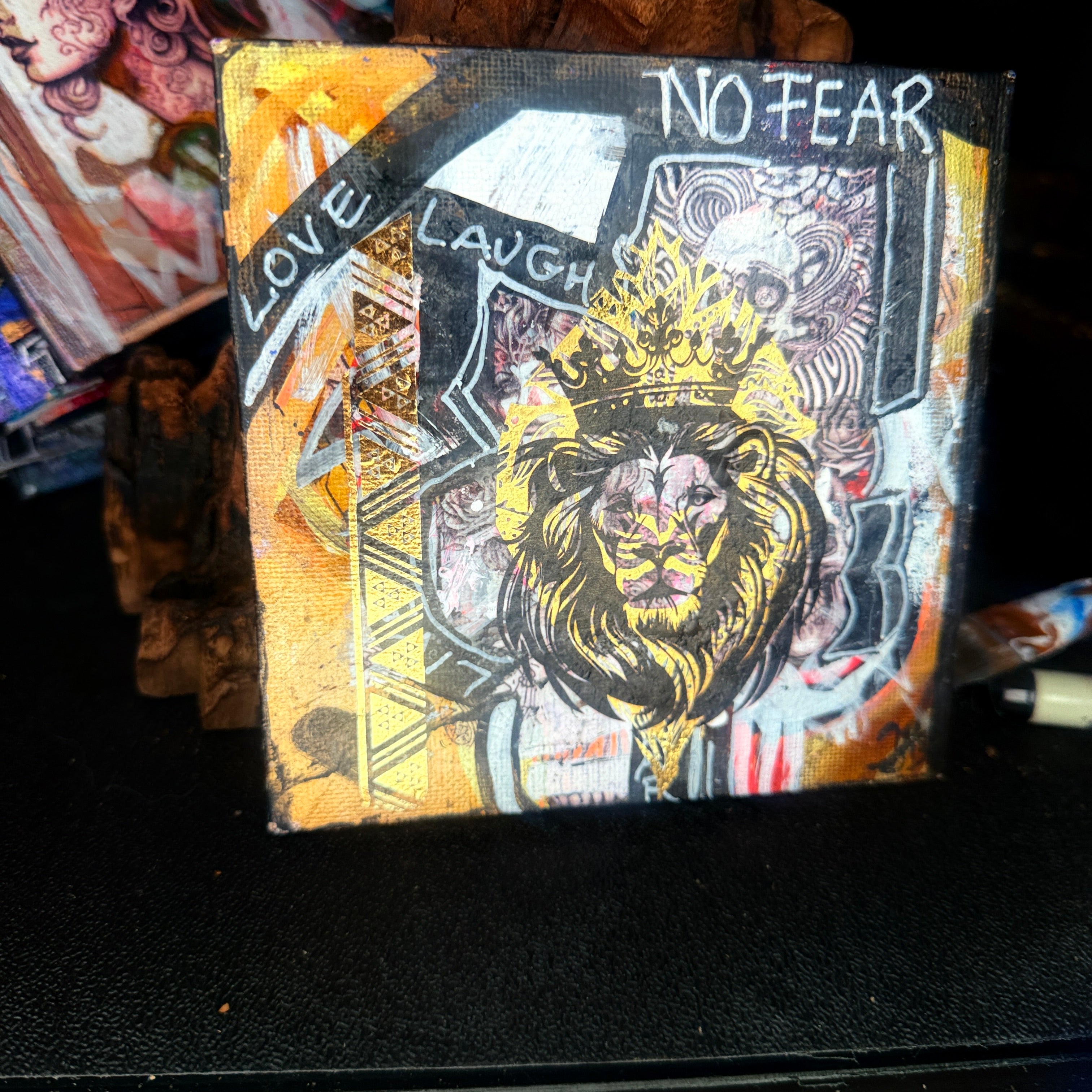 No Fear Original Painting 5x5 Mixed Media Hand Embellished Print