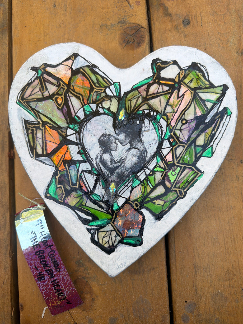 Original Crystal Heart Motherhood Painting – 8x8 Mixed Media Heart Shaped Canvas