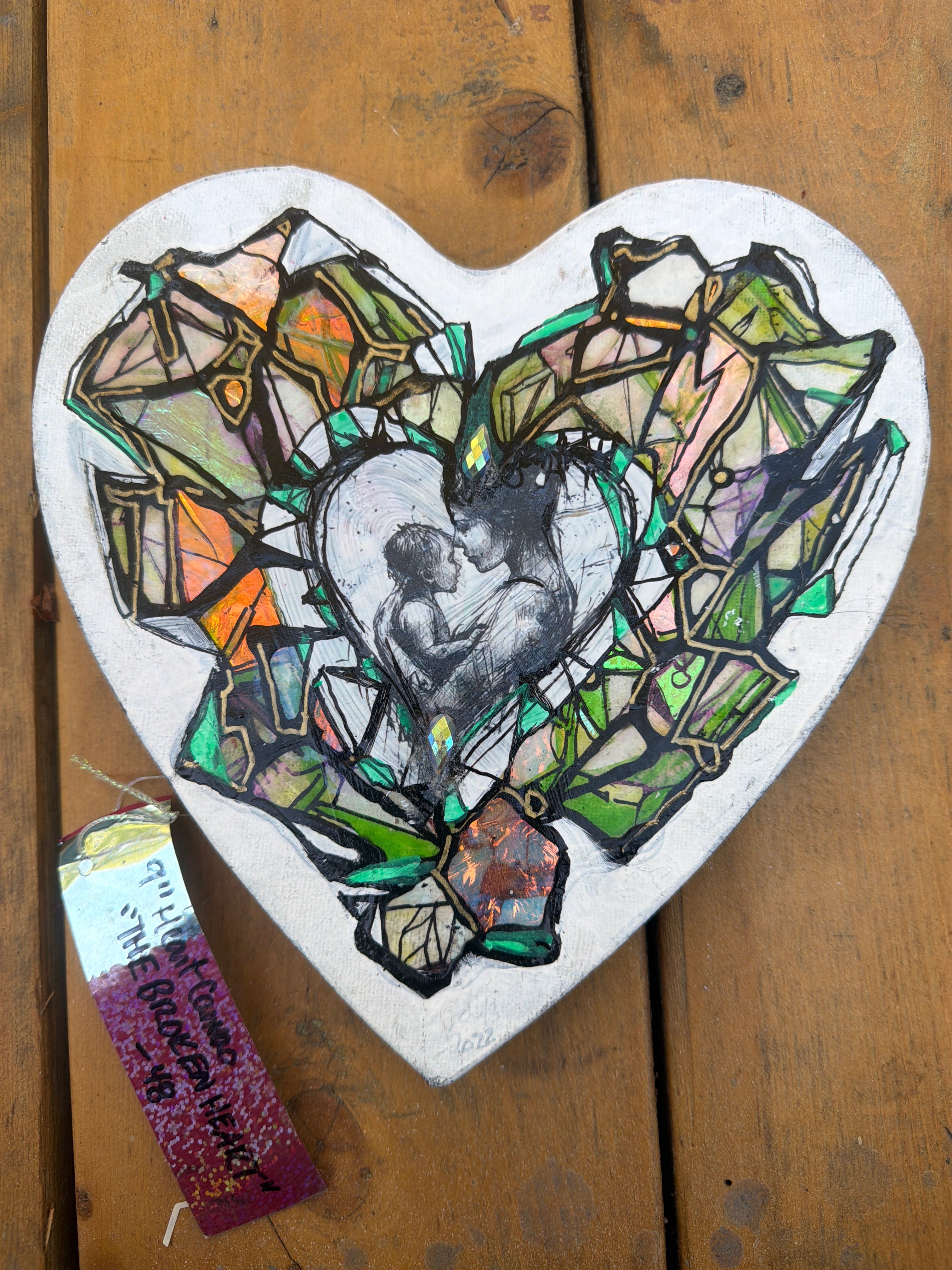 Original Crystal Heart Motherhood Painting – 8x8 Mixed Media Heart Shaped Canvas