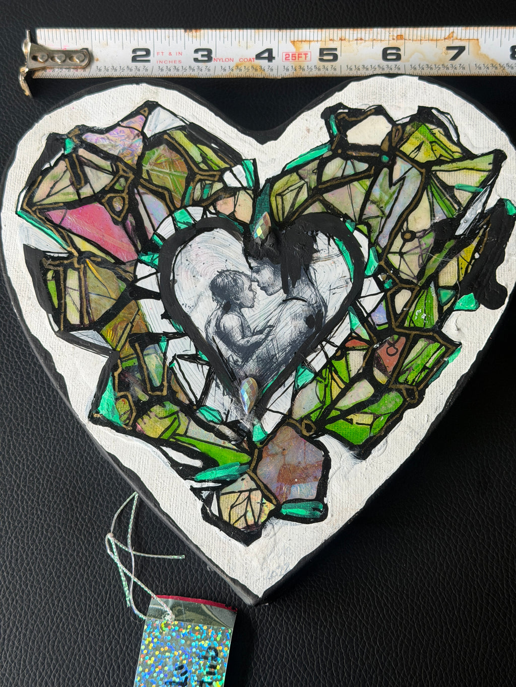 Original Crystal Heart Motherhood Painting – 8x8 Mixed Media Heart Shaped Canvas