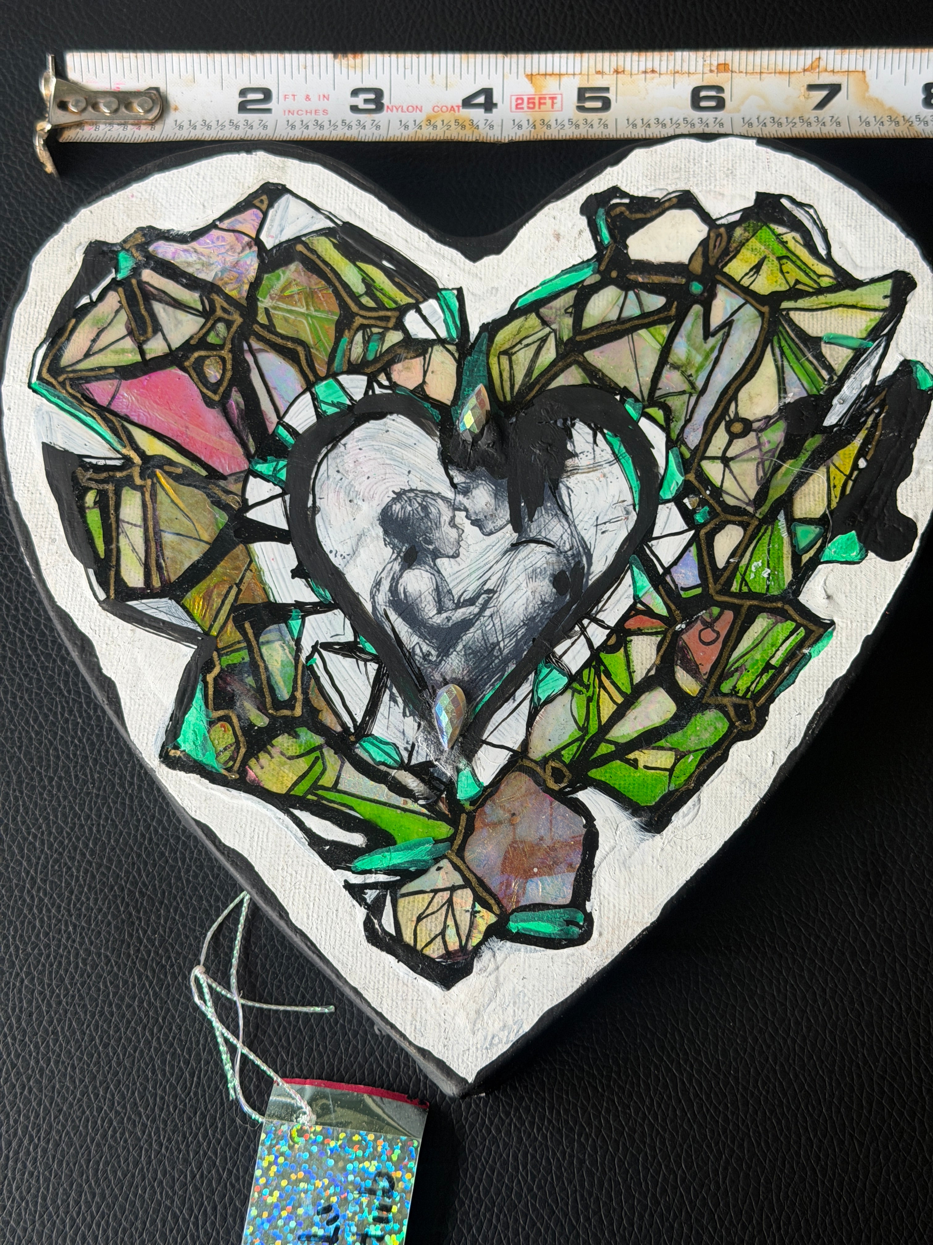 Original Crystal Heart Motherhood Painting – 8x8 Mixed Media Heart Shaped Canvas