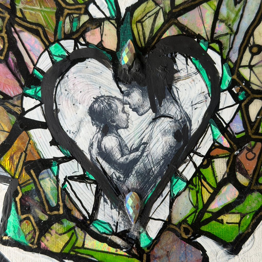 Original Crystal Heart Motherhood Painting – 8x8 Mixed Media Heart Shaped Canvas