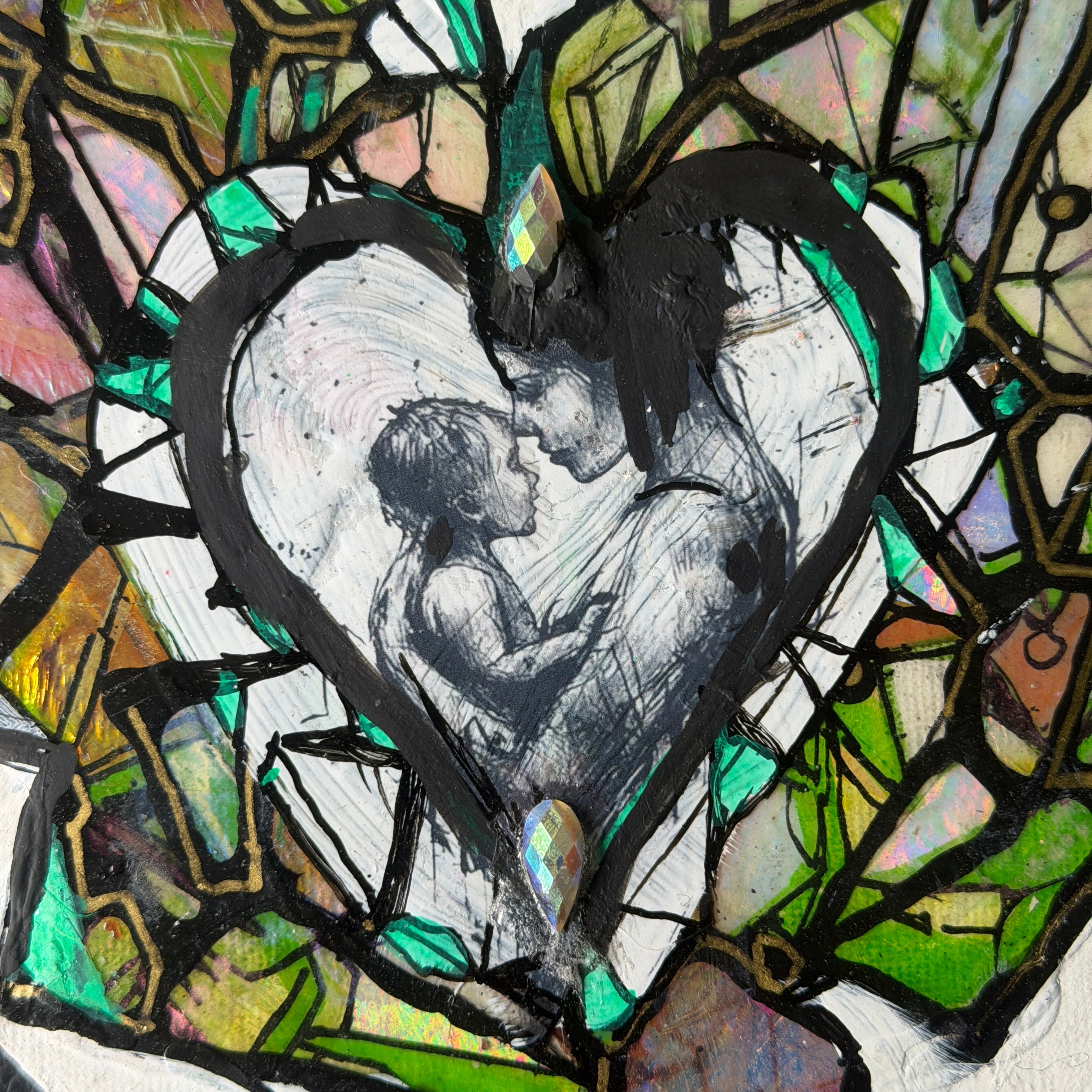 Original Crystal Heart Motherhood Painting – 8x8 Mixed Media Heart Shaped Canvas