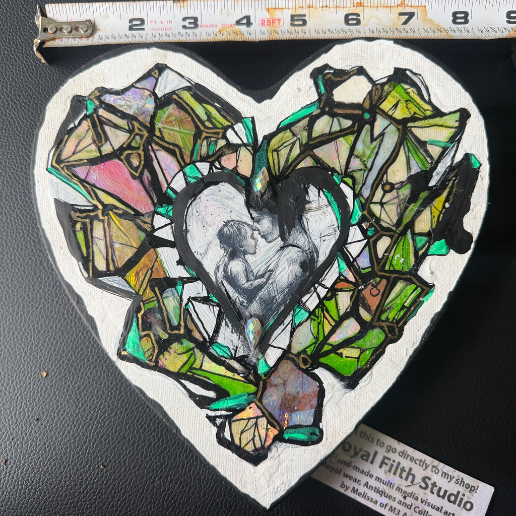 Original Crystal Heart Motherhood Painting – 8x8 Mixed Media Heart Shaped Canvas