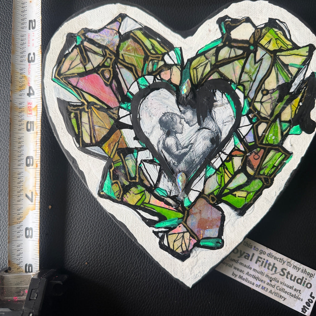 Original Crystal Heart Motherhood Painting – 8x8 Mixed Media Heart Shaped Canvas