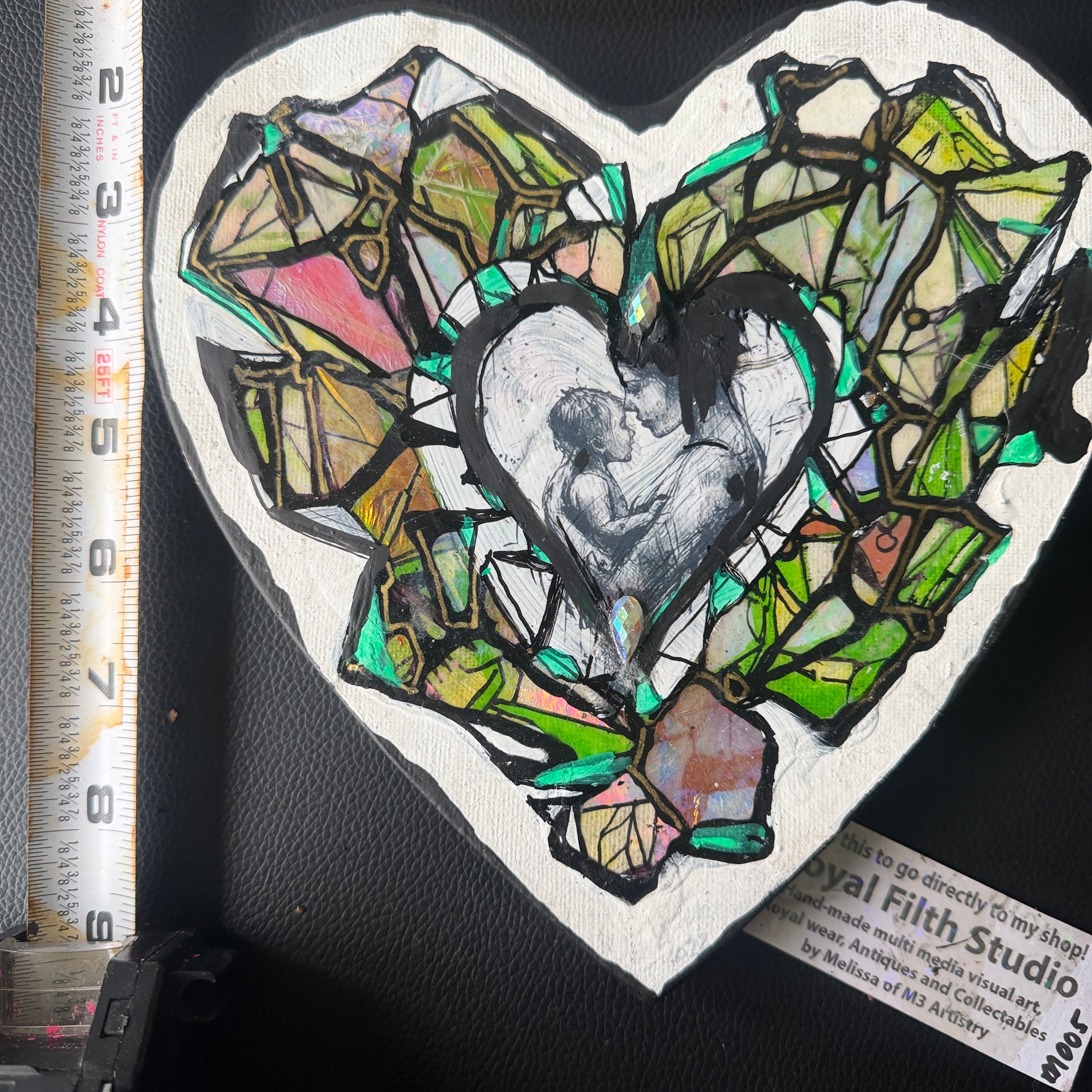 Original Crystal Heart Motherhood Painting – 8x8 Mixed Media Heart Shaped Canvas