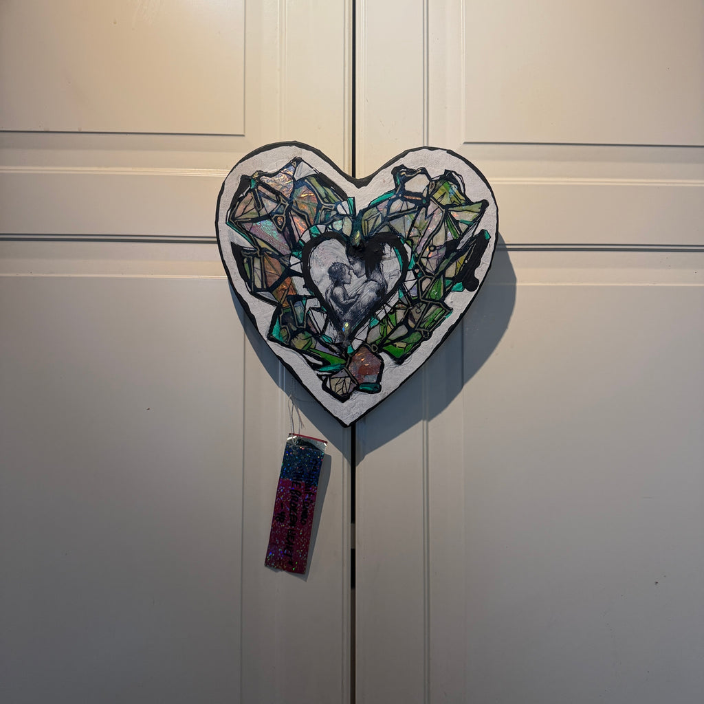 Original Crystal Heart Motherhood Painting – 8x8 Mixed Media Heart Shaped Canvas