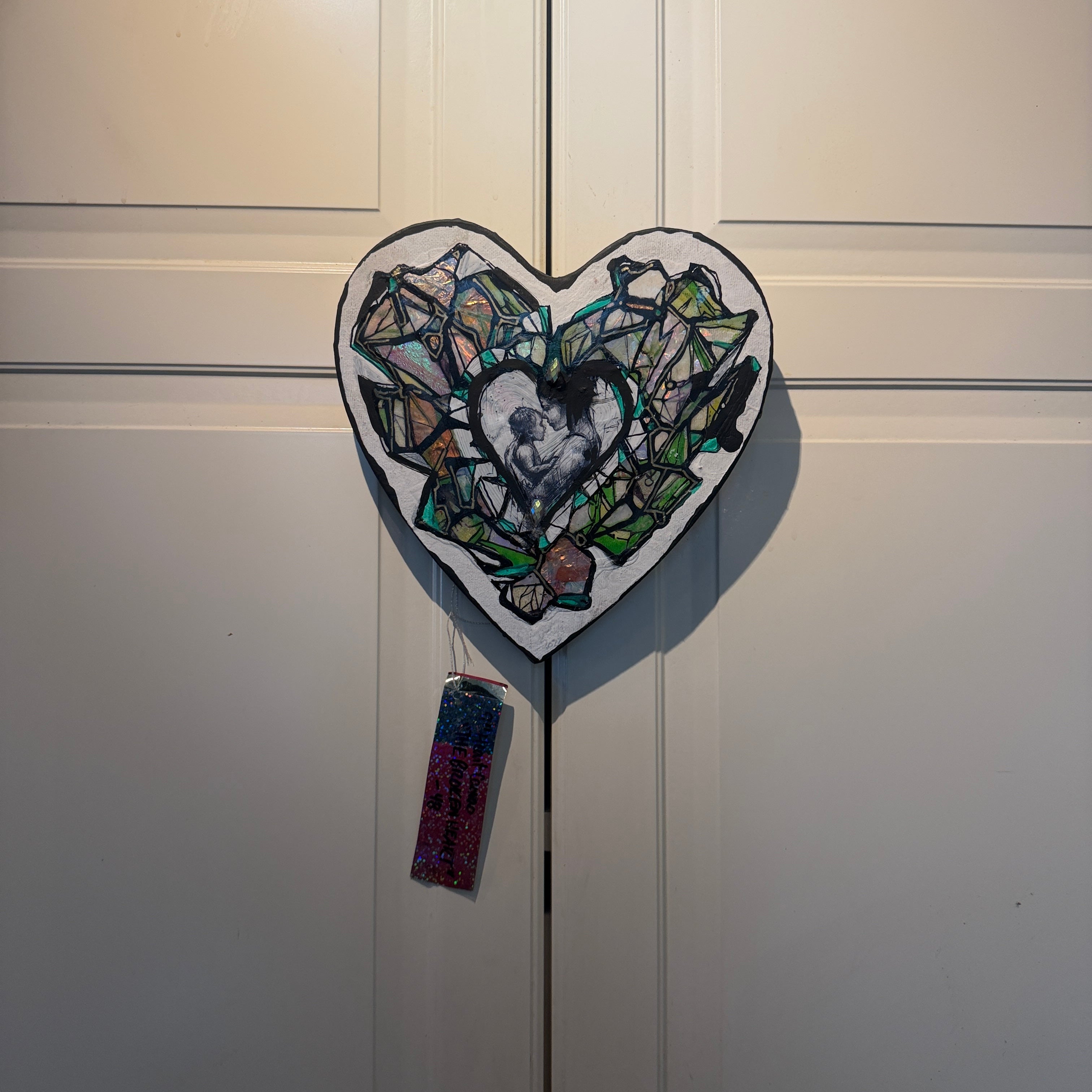 Original Crystal Heart Motherhood Painting – 8x8 Mixed Media Heart Shaped Canvas