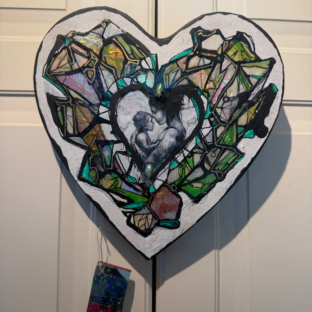 Original Crystal Heart Motherhood Painting – 8x8 Mixed Media Heart Shaped Canvas