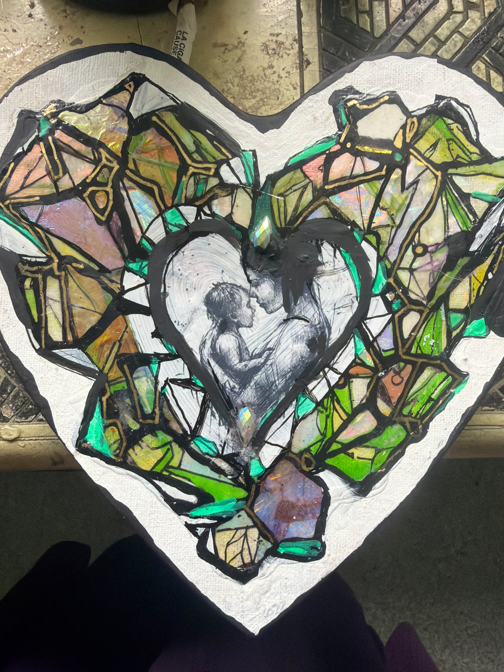 Original Crystal Heart Motherhood Painting – 8x8 Mixed Media Heart Shaped Canvas