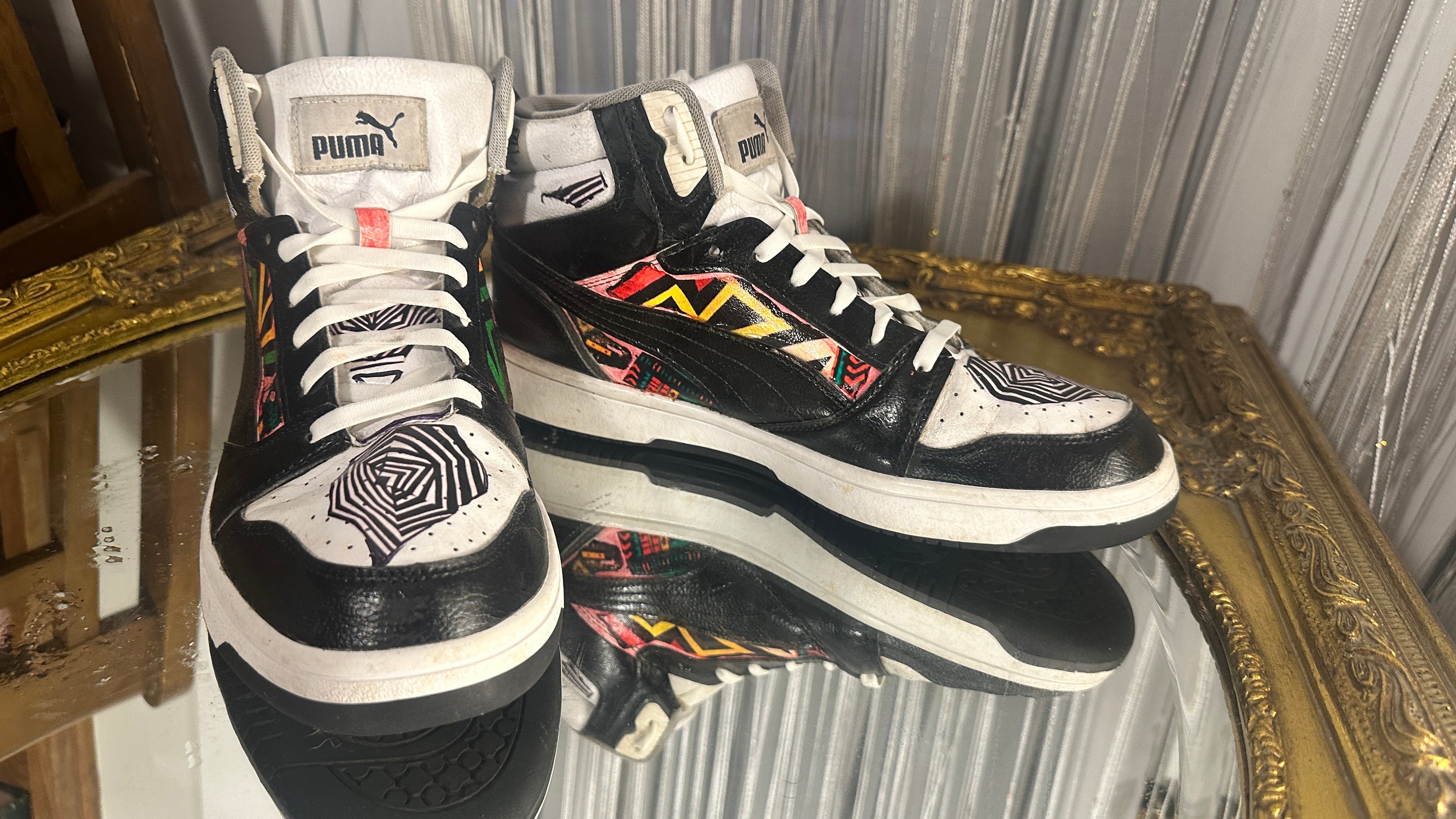 Custom Painted PUMA High-Top – Geometric tribal Series – US 10