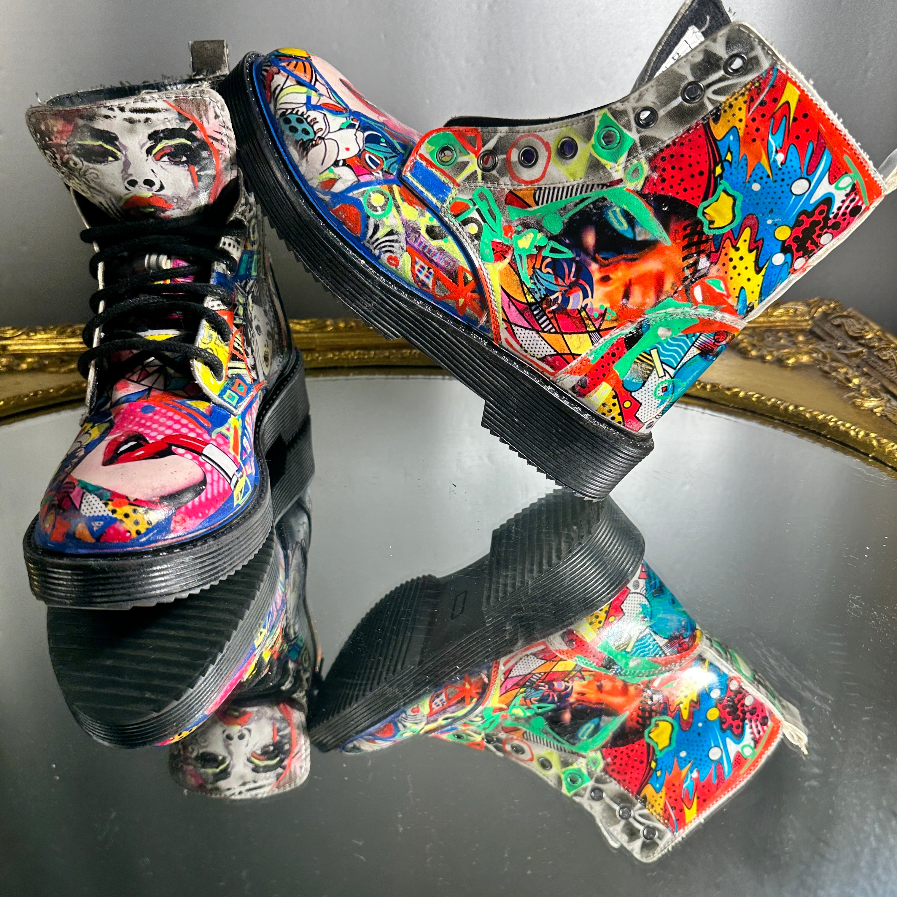 Pop-Art Vegan Leather Boots – Size 6