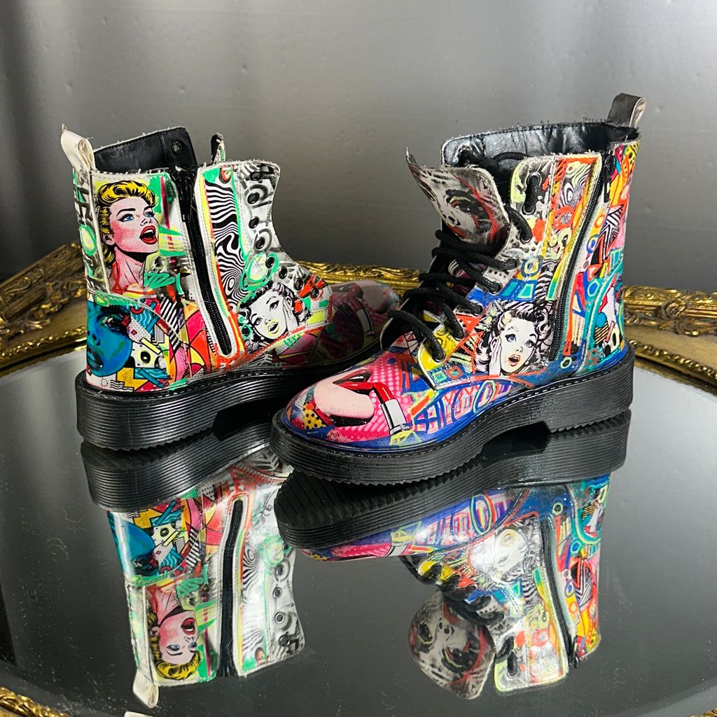 Pop-Art Vegan Leather Boots – Size 6