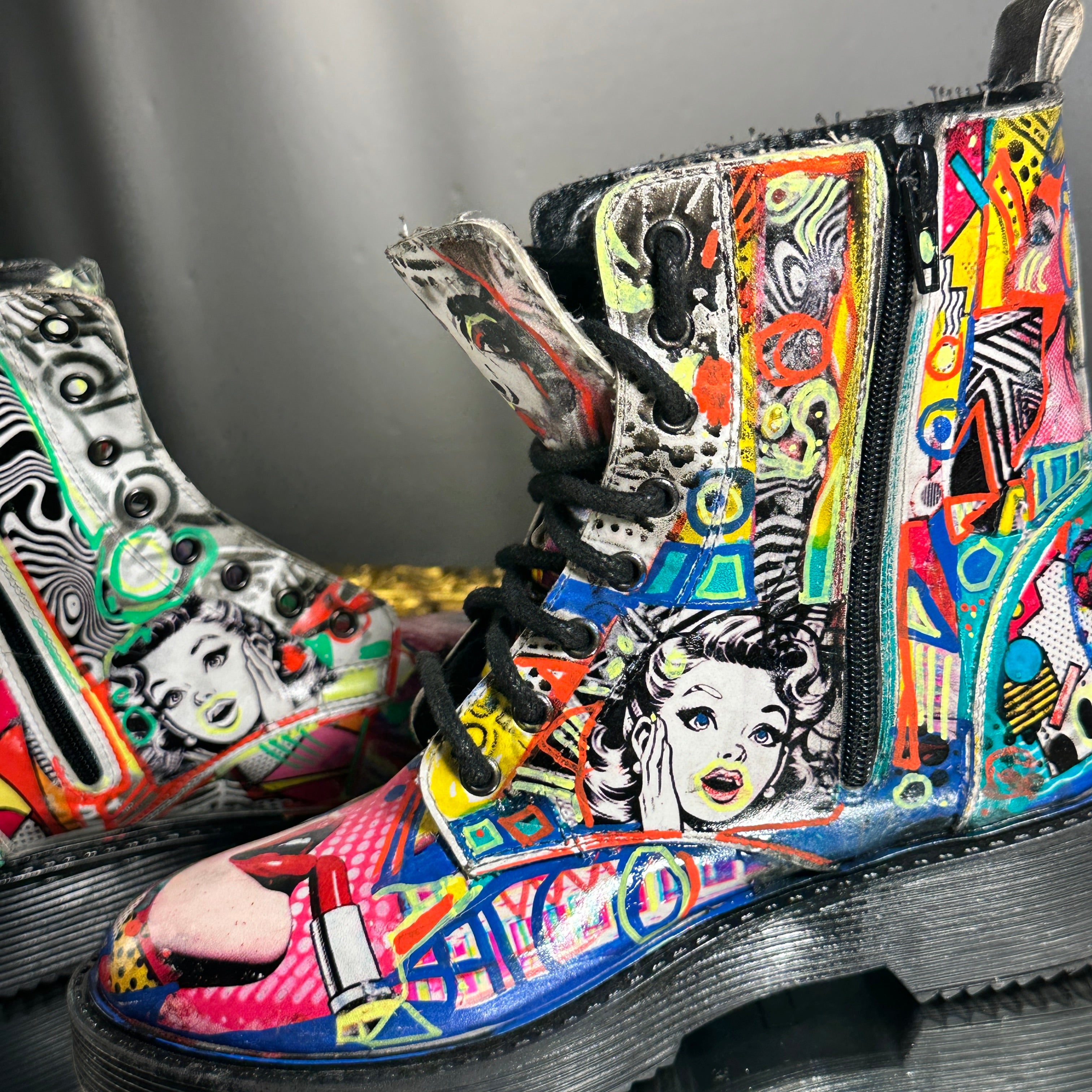 Pop-Art Vegan Leather Boots – Size 6