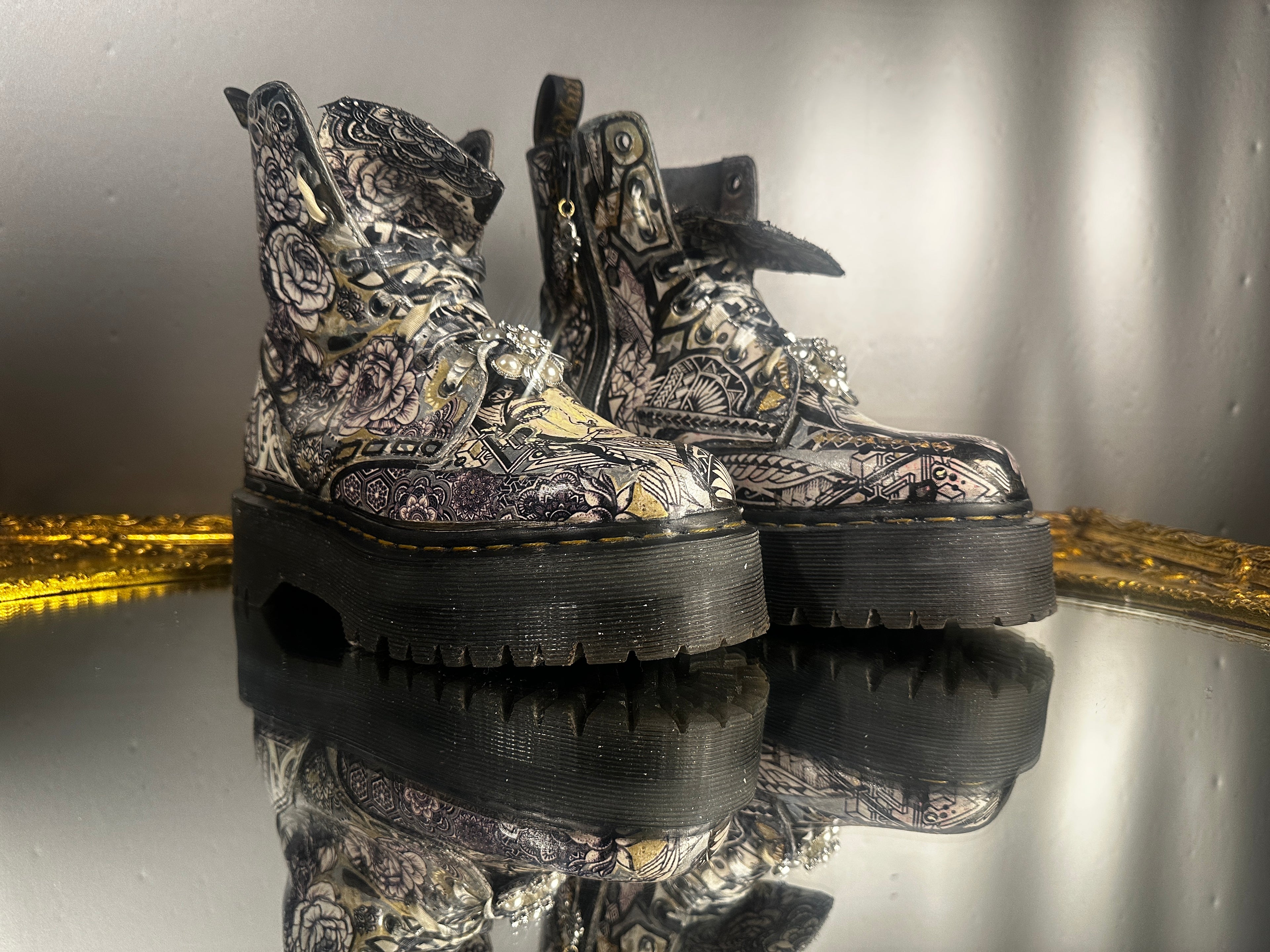 Custom Doc Martens White Platform Boots – Skull Pendant & Vintage Jewelry – US 7L