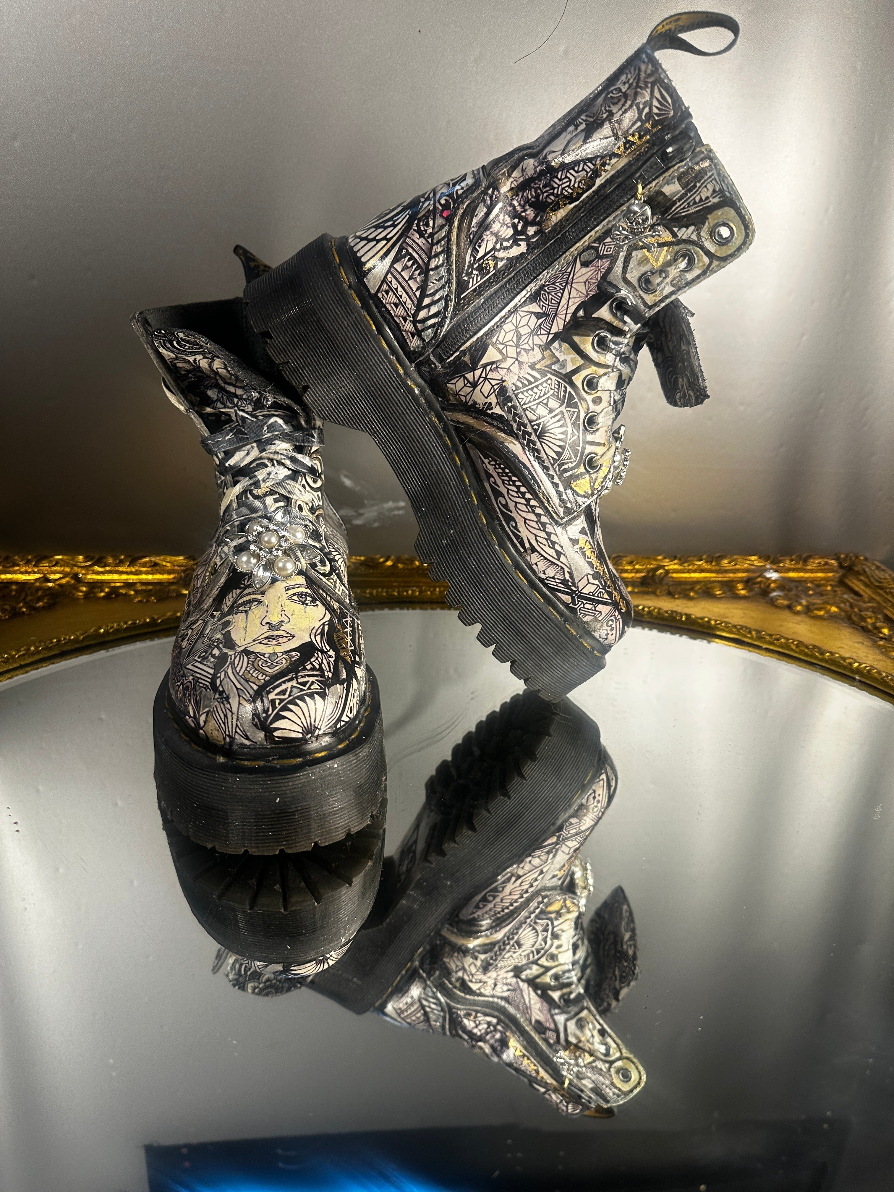 Custom Doc Martens White Platform Boots – Skull Pendant & Vintage Jewelry – US 7L