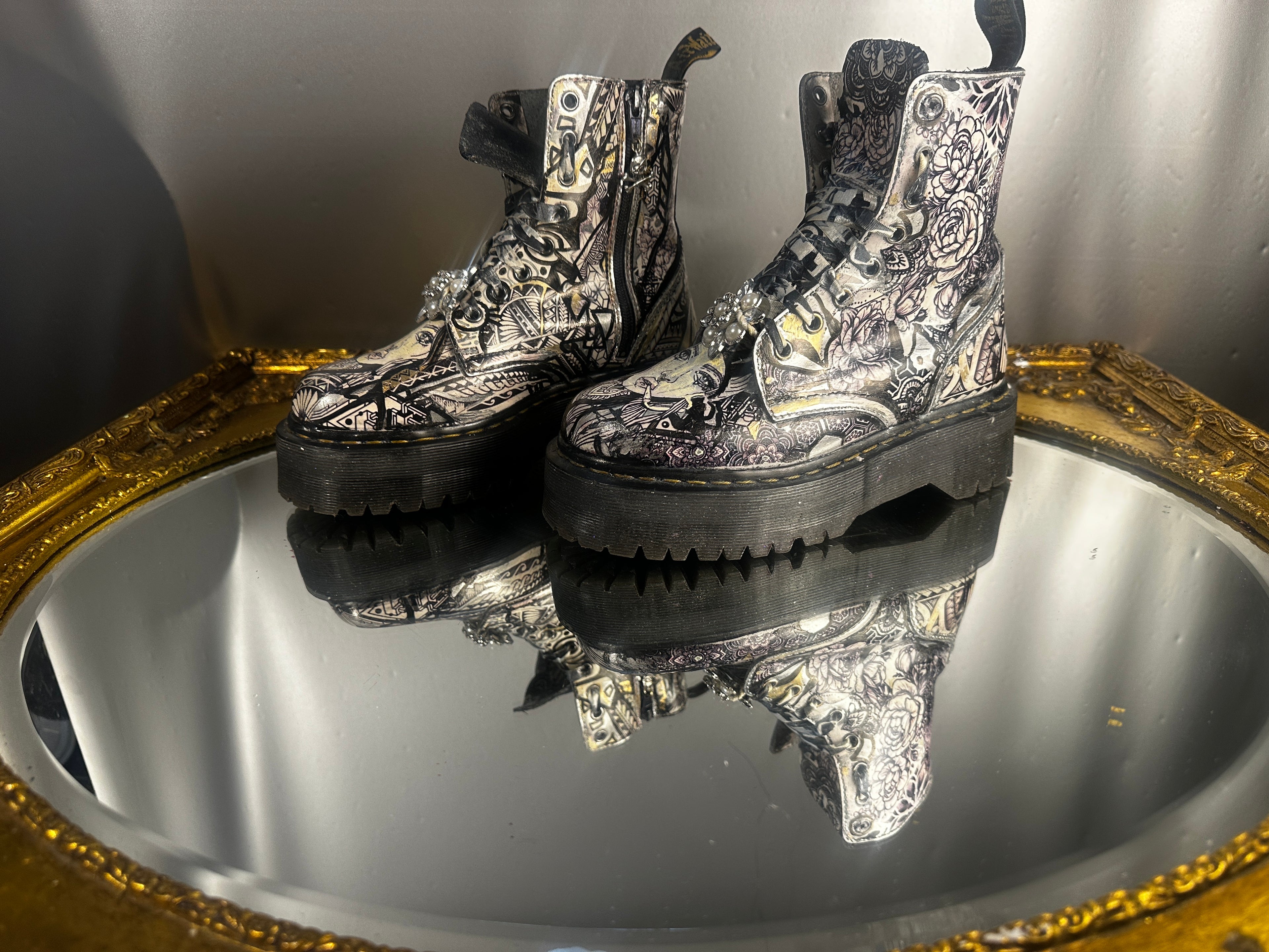 Custom Doc Martens White Platform Boots – Skull Pendant & Vintage Jewelry – US 7L