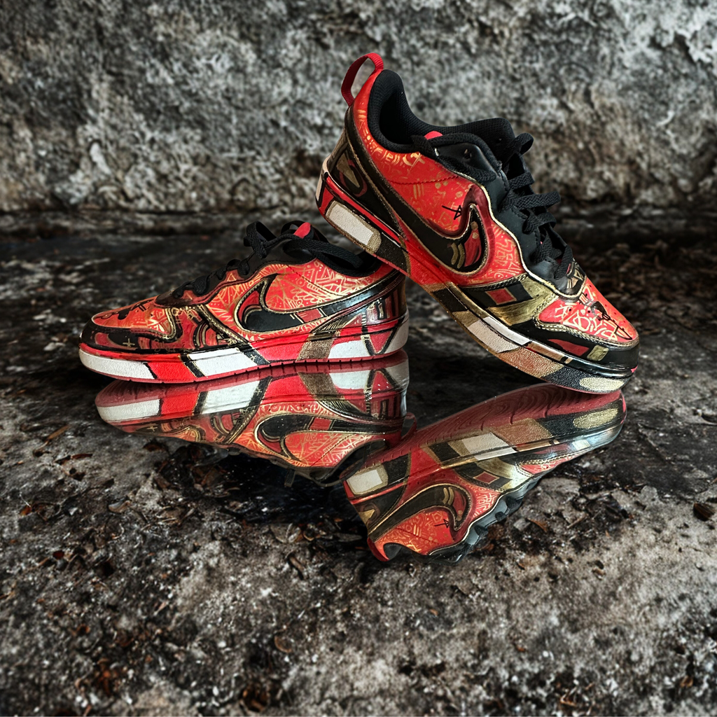 Custom Red Black and Gold Graffiti Nike- us 7Y
