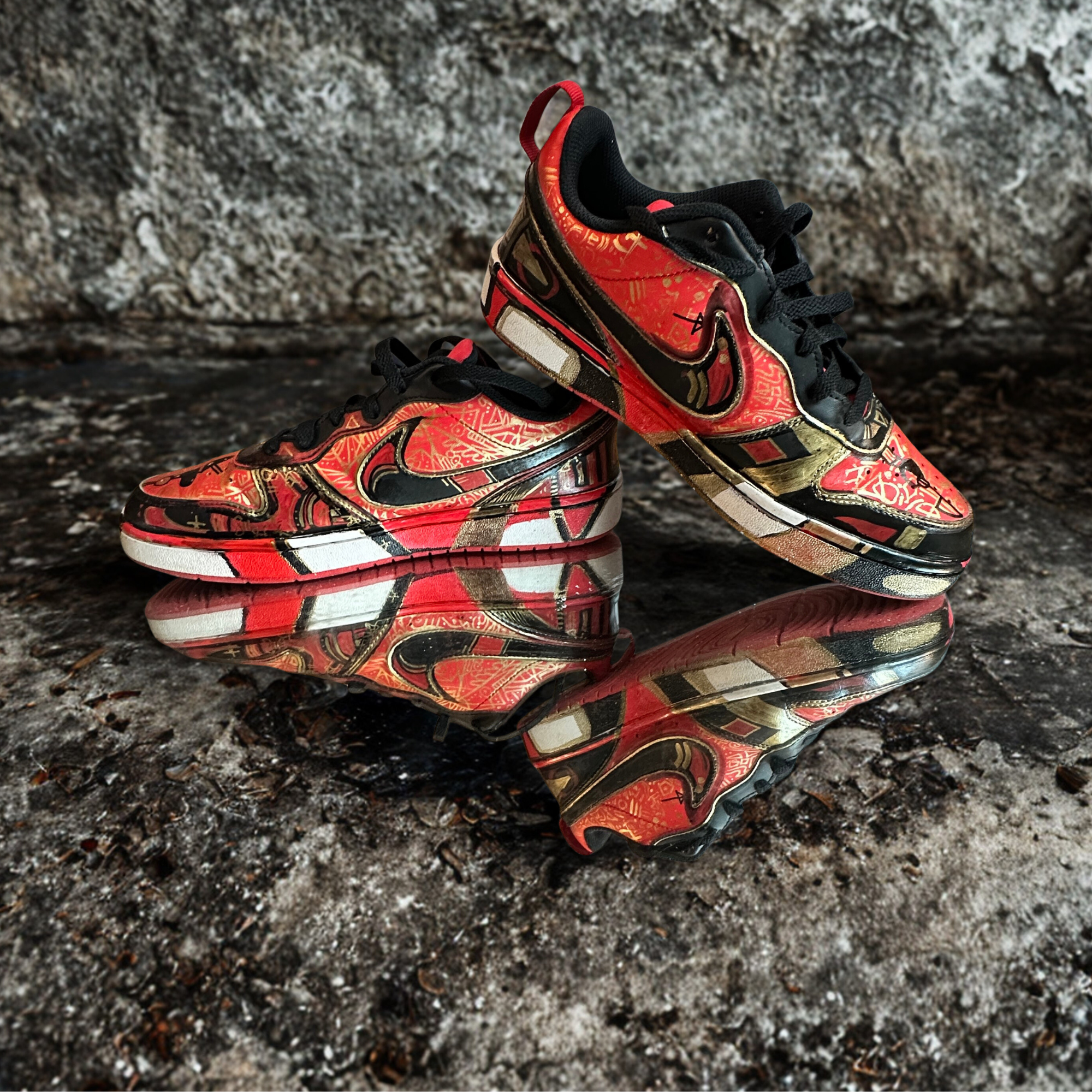 Custom Red Black and Gold Graffiti Nike- us 7Y