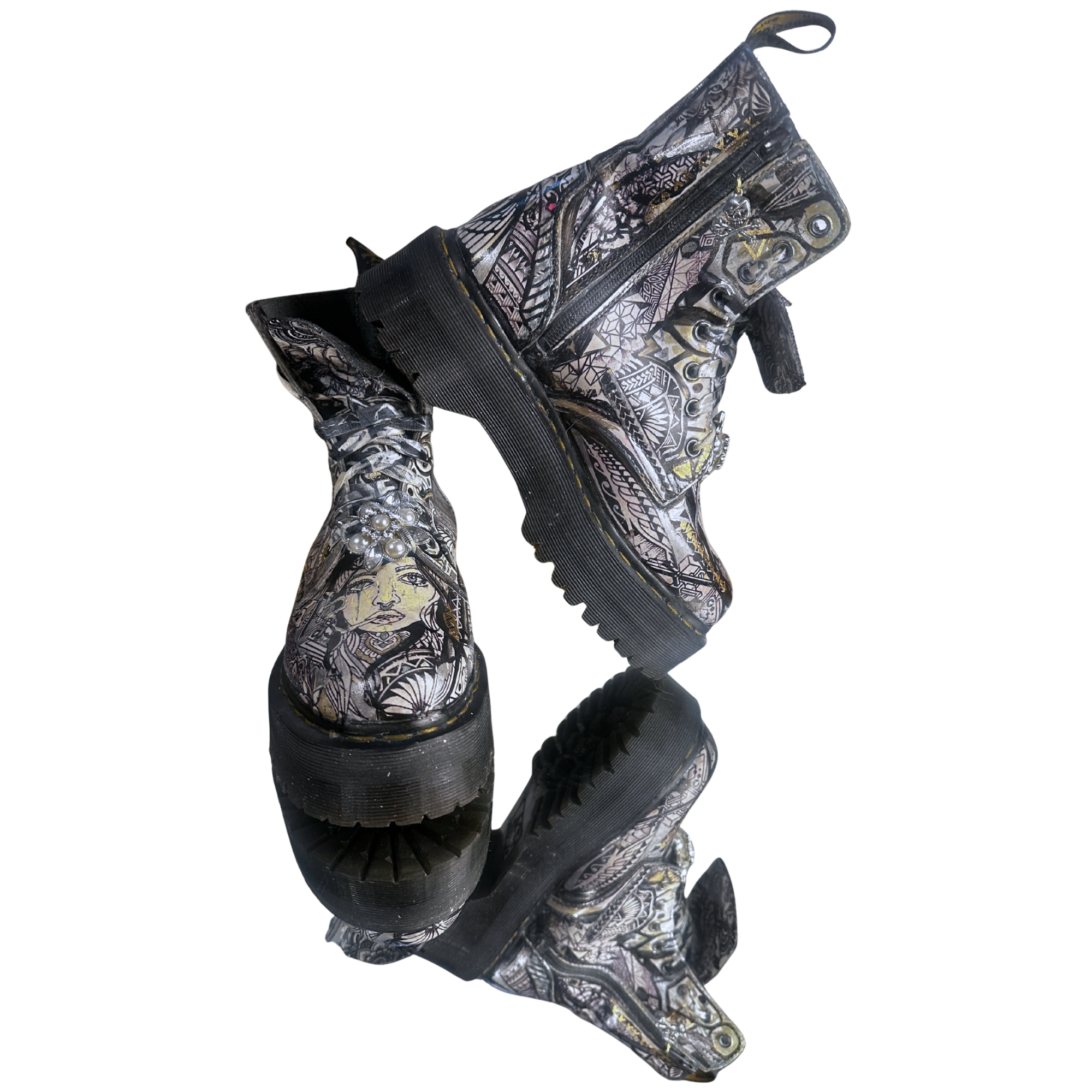 Custom Doc Martens White Platform Boots – Skull Pendant & Vintage Jewelry – US 7L