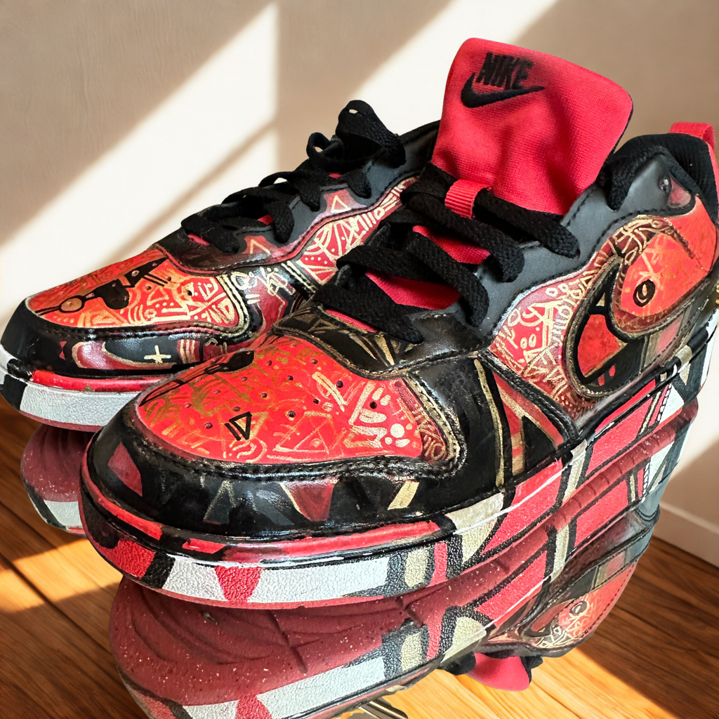 Custom Red Black and Gold Graffiti Nike- us 7Y